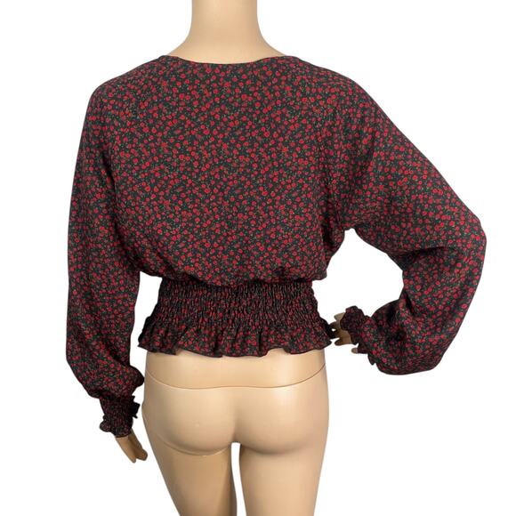 Nordstrom Bp Black Red Ditsy Floral Whimsigoth Peplum Blouse Top SZ M - Picture 7 of 8